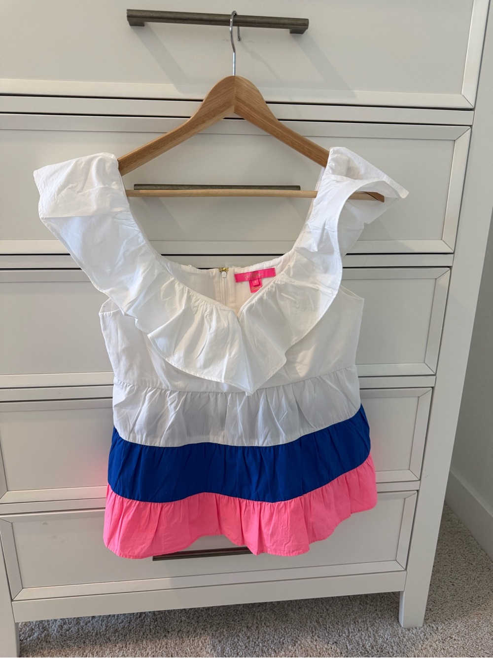 Lilly Pulitzer Colorblock Ruffle Top White Blue Pink